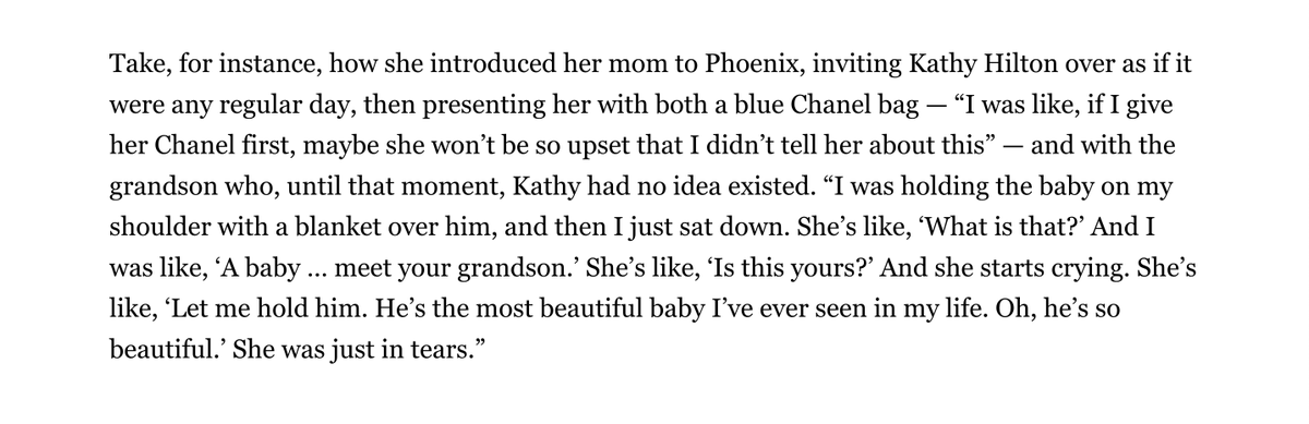 RollingStone's tweet photo. Paris Hilton gave her mom a blue Chanel bag before telling her she had a grandson (who, up until that point, Paris' mom had no idea existed).

"I was like, if I give her Chanel first, maybe she won’t be so upset that I didn’t tell her about this."

Story: https://t.co/S9a1urmlMF https://t.co/Nm6HWnNAFJ