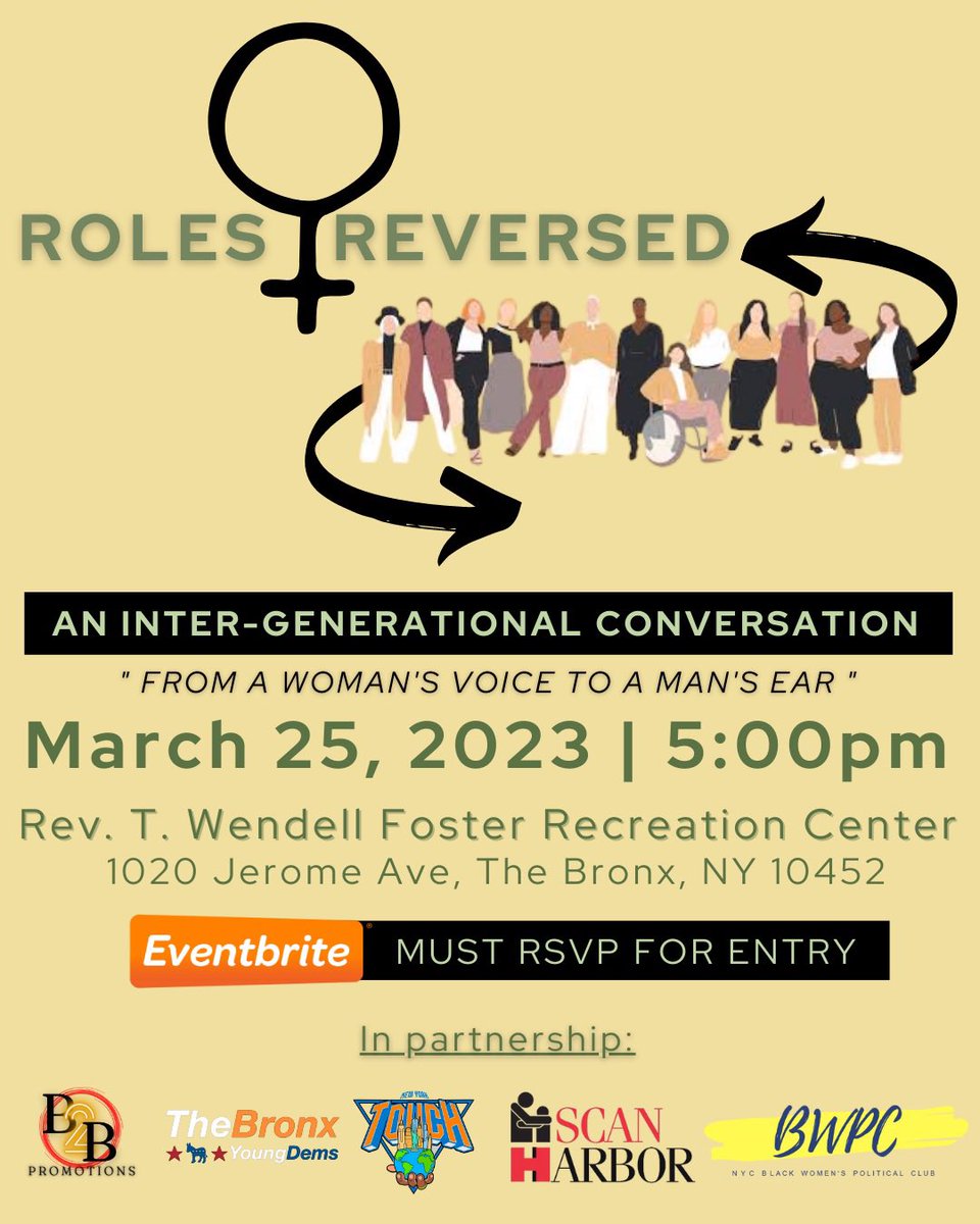 Bronx Young Democrats (@bronxyoungdems) on Twitter photo You're invited to Roles Reversed, an intergenerational conversation. Join us for a woman-led conversation to break down expectations of societal norms over years. Men you are invited but you are only allowed to listen on this day! eventbrite.com/e/roles-revers… You're invited to Roles Reversed, an intergenerational conversation. Join us for a woman-led conversation to break down expectations of societal norms over years. Men you are invited but you are only allowed to listen on this day! eventbrite.com/e/roles-revers…