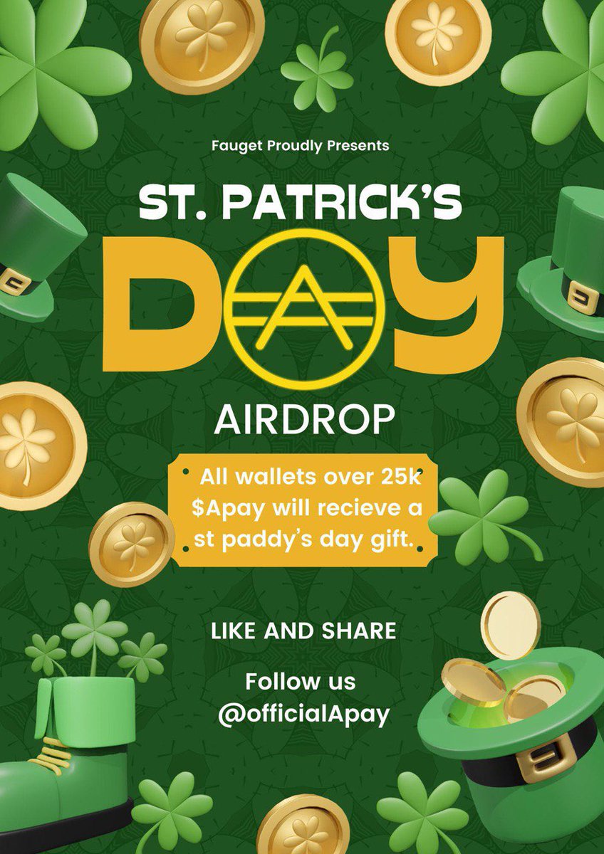 OfficialApay's tweet photo. 🍀A little #Airdrop to celebrate st. Paddy’s Day.🍀

Hold at least 25k $Apay (25.000) to receive the Airdrop on St. Patrick’s Day. (Friday 17th of March)

Have a good one &amp; Stay tuned🥂
#Stellar #XLM $XLM #StellarFamily #StellarDAO #Apay #ACT #crypto #StPatricks https://t.co/vaknqTQqpM