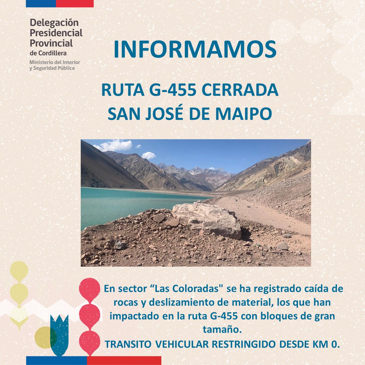 DPPCordillera's tweet photo. [14 marzo] CONTINÚA CIERRE RUTA G-455 #SanJoseDeMaipo 

☝🏻Caída de rocas de gran tamaño en sector “Las Coloradas", Embalse El Yeso, y de acuerdo a informe técnico de @Sernageomin se mantiene CIERRE de la ruta🚫🚙

✅Se monitorea con drones la zona. https://t.co/RVRHDUqSdb