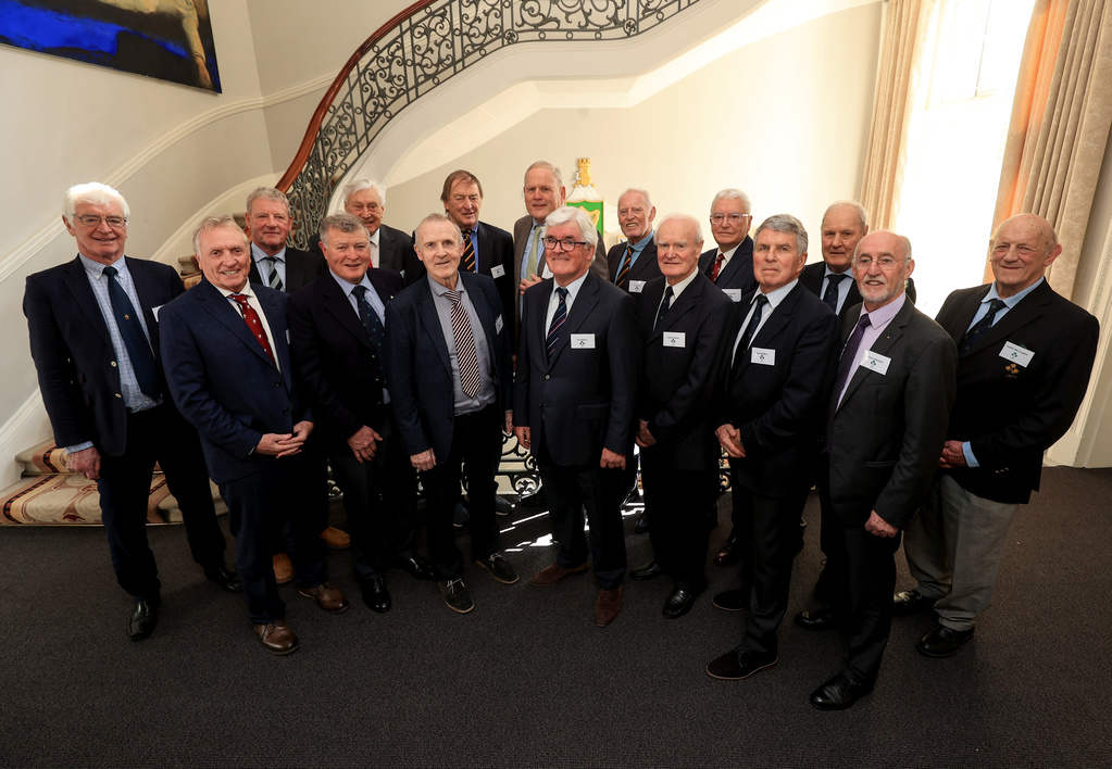IrishRugby's tweet photo. 50 years ago the @EnglandRugby that 'turned up' were halied by the Ireland team and supporters in Lansdowne Road.

Today they met at the @IrelandEmbGB to mark that famous day.

Gallery: https://t.co/8m2kTBFCwf https://t.co/x4145Vi4al