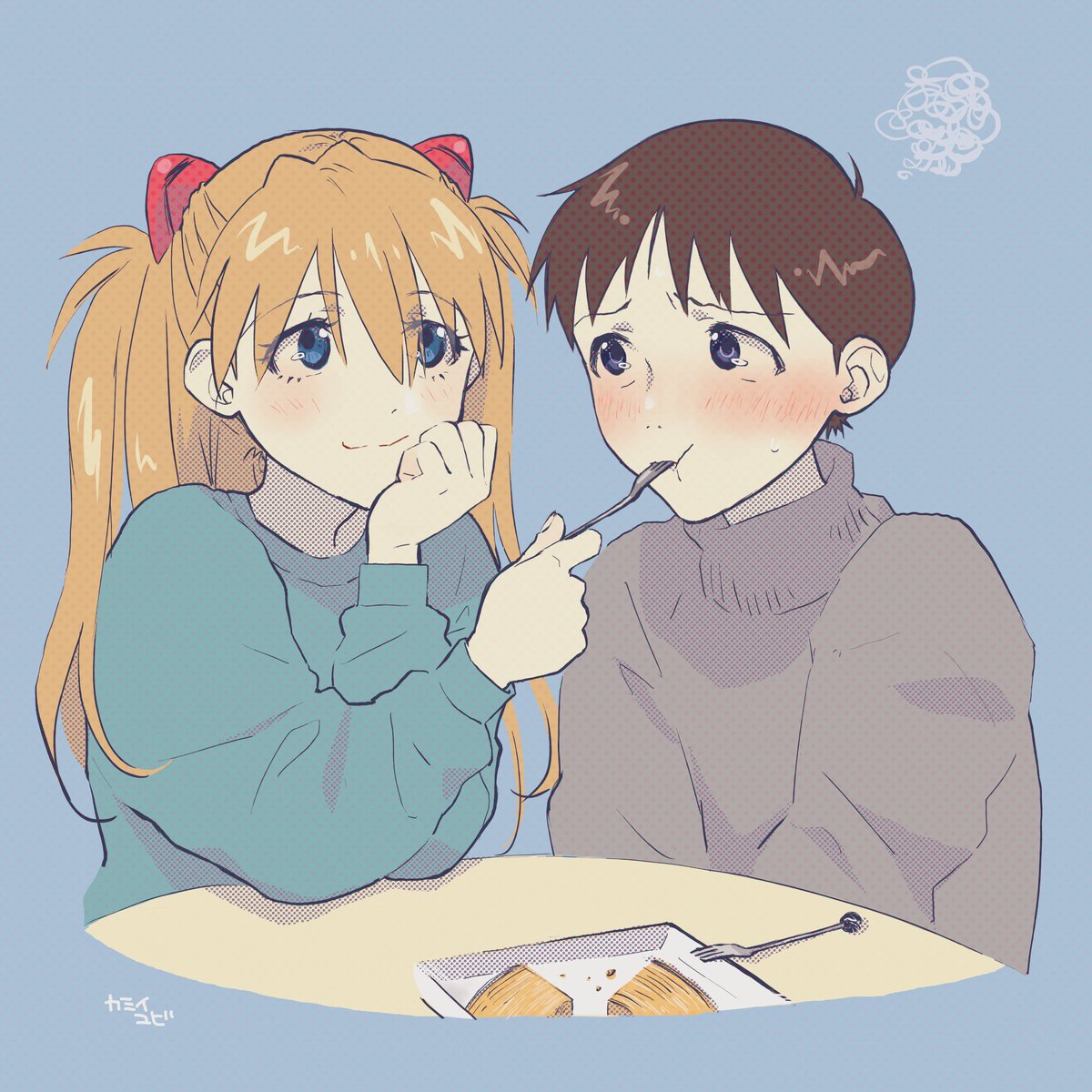 ikari shinji ,souryuu asuka langley 1girl 1boy blue eyes long hair sweater fork blush  illustration images