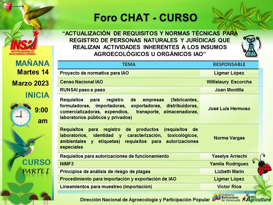 InsaiVeOficial's tweet photo. #ChávezAntiimperialista
#14Marzo
@NicolasMaduro
@wcastroPSUV
@MinAgriculturaV
En Desarrollo ✅️ 
Curso Actualización de Requisitos y Normas Técnicas para registro de personas naturales y jurídicas que realizan actividades inherentes a los insumos agroecológicos u orgánicos 👇 https://t.co/rHNRLKoNnV