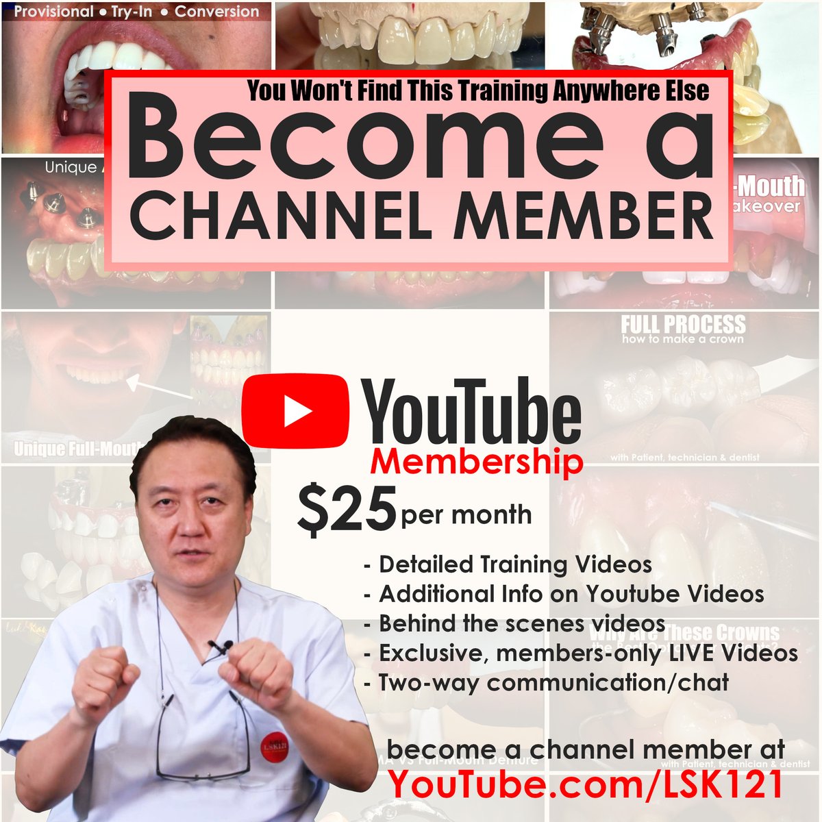 Introducing my new resource for dental lab technicians to start your career or take your career to a much higher level. Through my new YouTube Channel Membership, I am  sharing hundreds of training videos.  Become a member today at YouTube.com/LSK121 for just $25 per month.