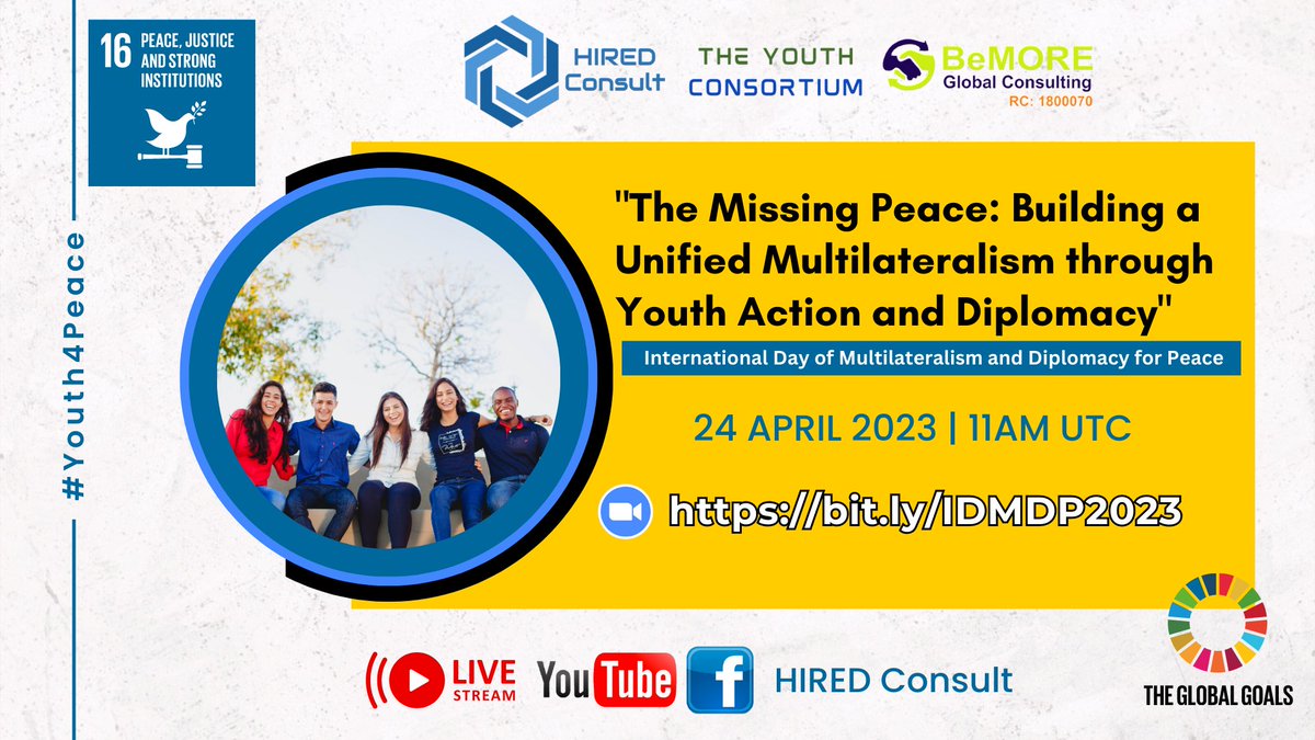 This summit has become a necessity to advance, shape and re-echo the critical roles played by the #youth in peace and diplomatic processes.

REGISTER bit.ly/IDMDP2023
- 🕊️🕊️-
#Youth4Peace
#MultilateralismMatters
#SDG16