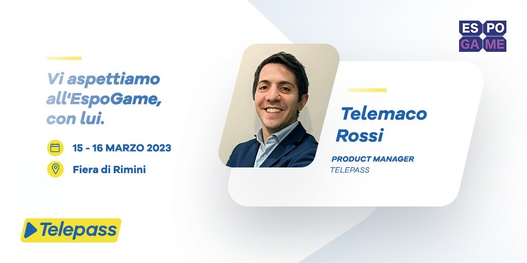.⁦<a href="/TelemacoRossi/">Telemaco Rossi</a>⁩, Product Manager #Telepass, racconterà del progetto #NFT, di cui è responsabile.

Come? Con uno speech.

Quando? Il 16 marzo.

Dove? All'#EspoGame.

Non mancate “live”: ttps://lnkd.in/dJJRu29E
E nel metaverso di <a href="/thenemesis_io/">The Nemesis</a>: thenemesis.io/@espogame