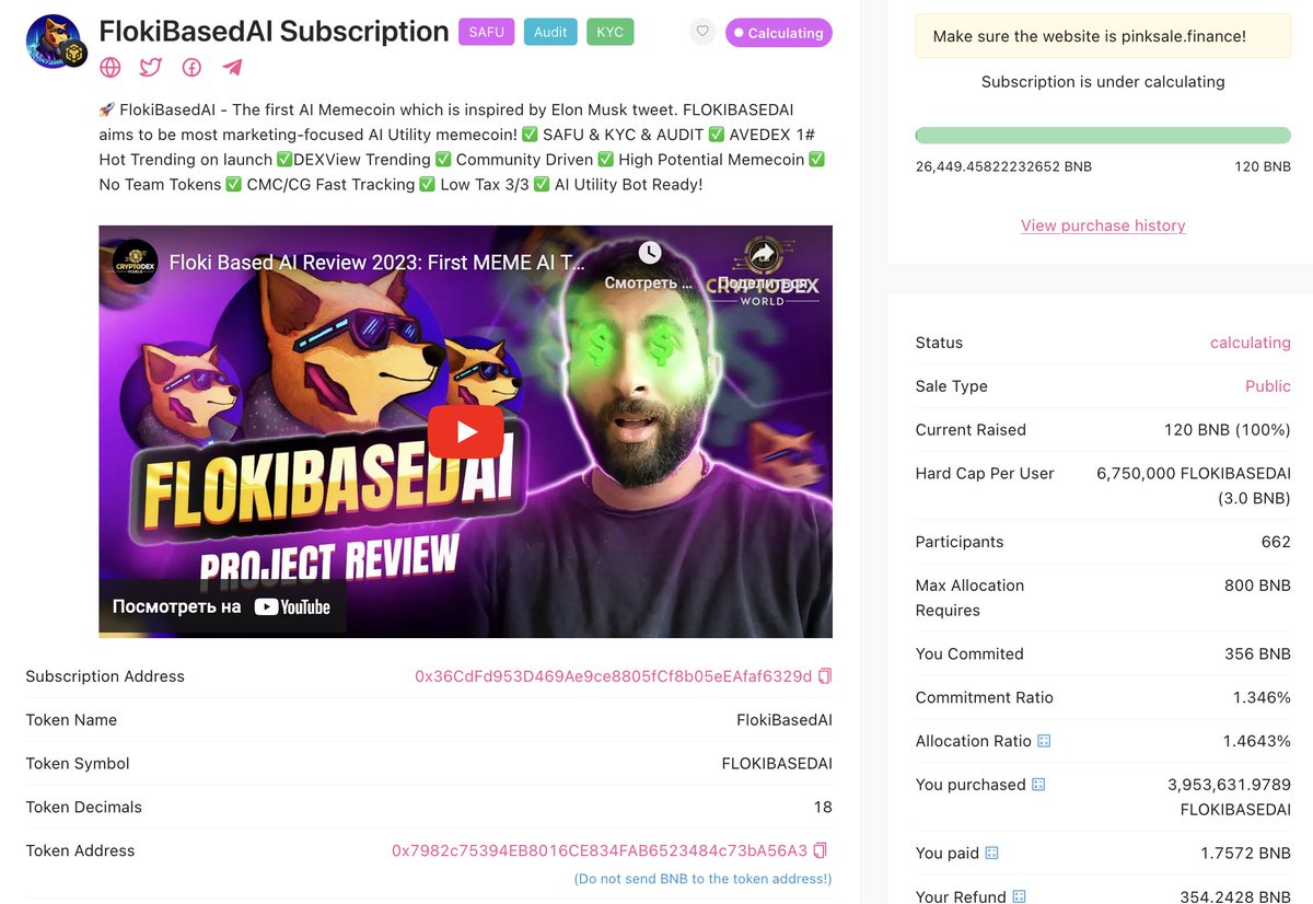 Degen_Hardy's tweet image. I'm starting my super-risk story today on @pinkecosystem

Tried to redeem an allocation at @FlokiBasedAI. I received 1.75 $BNB tokens from a 356 $BNB commit.

Listing #FLOKIBASEDAI will be tomorrow. I'll let you know how much I managed to earn or lose from this lol