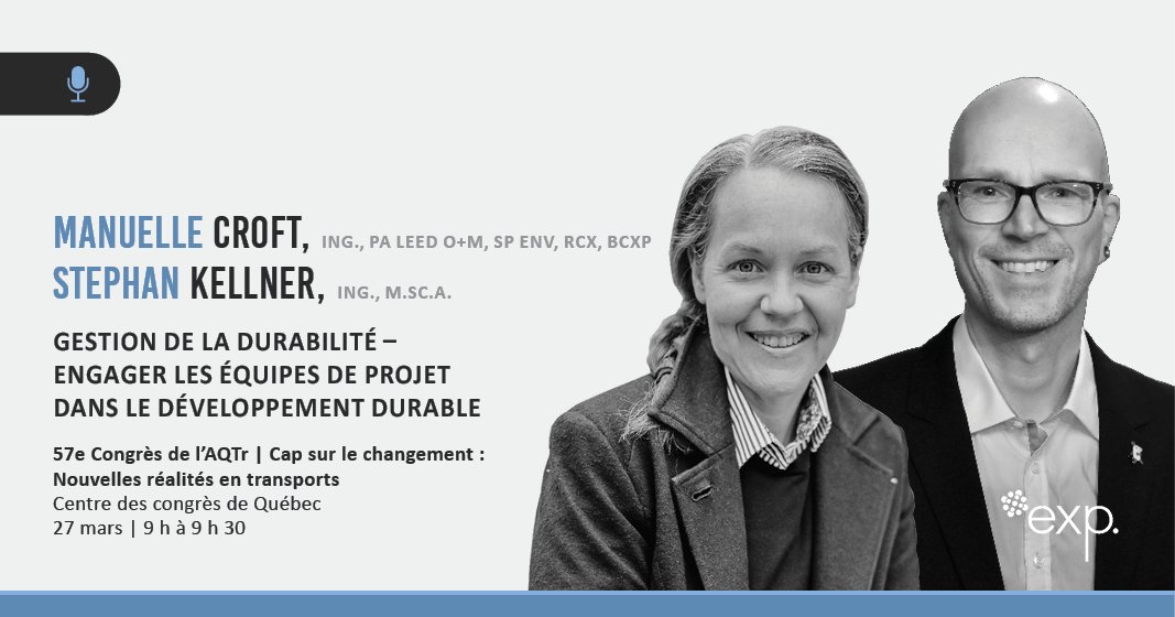 Nos collègues Manuelle Croft et Stephan Kellner feront partie des conférenciers participant au Congrès de l'<a href="/AQTransports/">AQTr</a>, du 27 au 29 mars. Apprenez-en davantage sur la gestion de la durabilité d’un projet en assistant à leur présentation > bit.ly/42ckha7