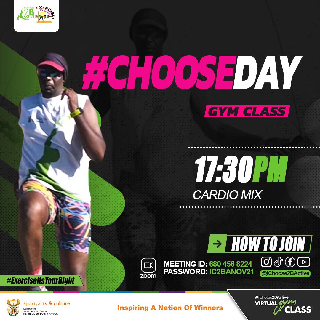 Ichoose2BActive's tweet photo. We made a promise to be your accountability partner &amp; nothing will stop us from making sure you get home on time for #ChooseDay gym Class with @TalaSophy at 17:30

Don’t miss this chance to burn more calories.

#ExerciseIsYourRight 
#IChoose2BActive
#HomeWorkout 
#VirtualGymClass https://t.co/QMci7DLwUO