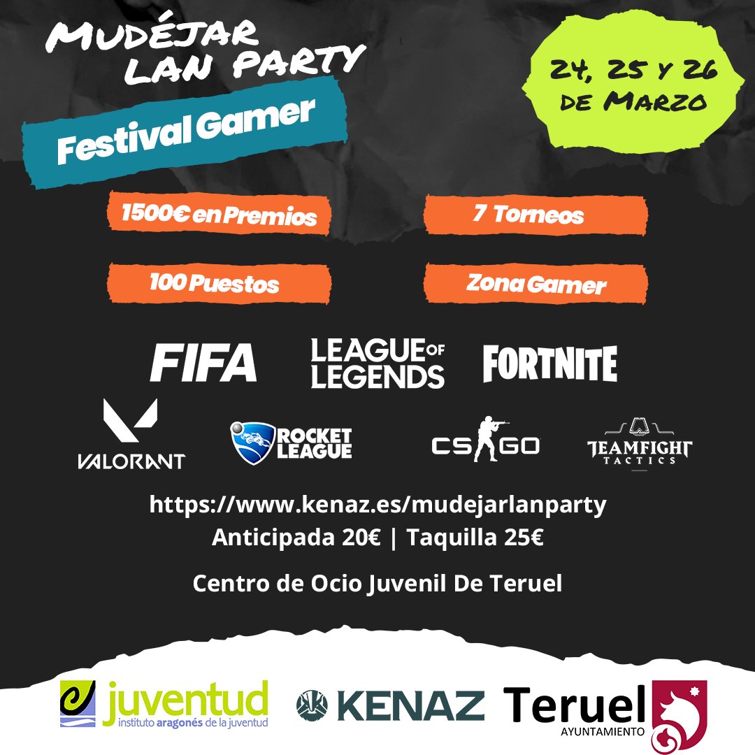 🎟️¡Últimos días para inscribirte!

📆24-26/03/2023
🎁1500€ en premios
🏆7 Torneos
🪑100 puestos LAN
👕Camiseta de regalo

🕹️Zona Gamer Gratuita

🔗kenaz.es/mudejarlanpart…

Organiza Ayuntamiento de Teruel  y <a href="/KenazESports/">KenazESports</a>

#teruel #gamer #aragon #lanparty