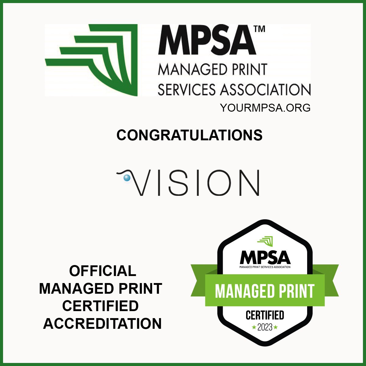 Congratulations to <a href="/VISIONPLC/">VISION</a>  on achieving the managed print certified accreditation! Onward and upward 🚀