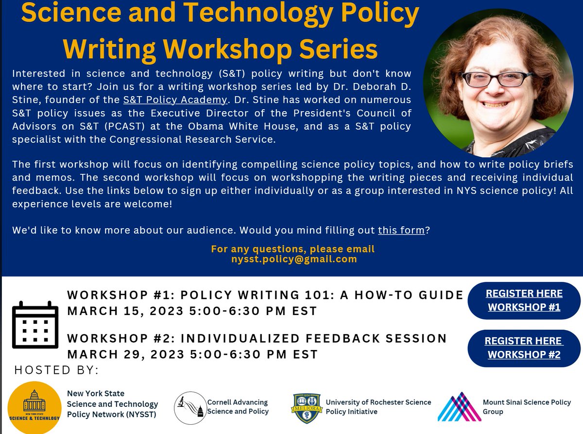 The NYS science policy group is hosting a pair of workshops about science policy writing!
workshop 1: us02web.zoom.us/meeting/regist…
workshop 2: us02web.zoom.us/meeting/regist…