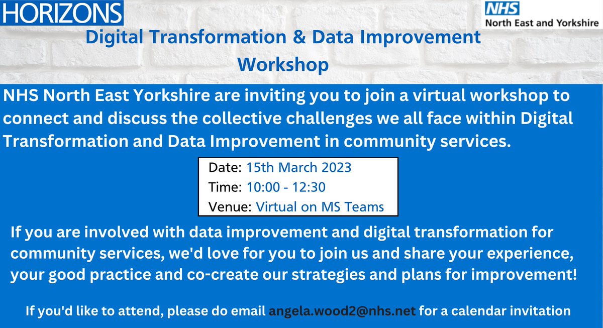 Rupal Sandher-Johal (@johalrupal) on Twitter photo 👋Are you involved with data improvement and digital transformation for community services?
➡️<a href="/NHSEnglandCHS/">Community Health Services</a> for <a href="/NHSNEY/">NHS North East & Yorkshire</a>
are running a workshop tomorrow that is being facilitated by <a href="/HorizonsNHS/">NHS Horizons</a> to share challenges & good practice for data improvement.
Registration link⬇️ 👋Are you involved with data improvement and digital transformation for community services?
➡️<a href="/NHSEnglandCHS/">Community Health Services</a> for <a href="/NHSNEY/">NHS North East & Yorkshire</a>
are running a workshop tomorrow that is being facilitated by <a href="/HorizonsNHS/">NHS Horizons</a> to share challenges & good practice for data improvement.
Registration link⬇️