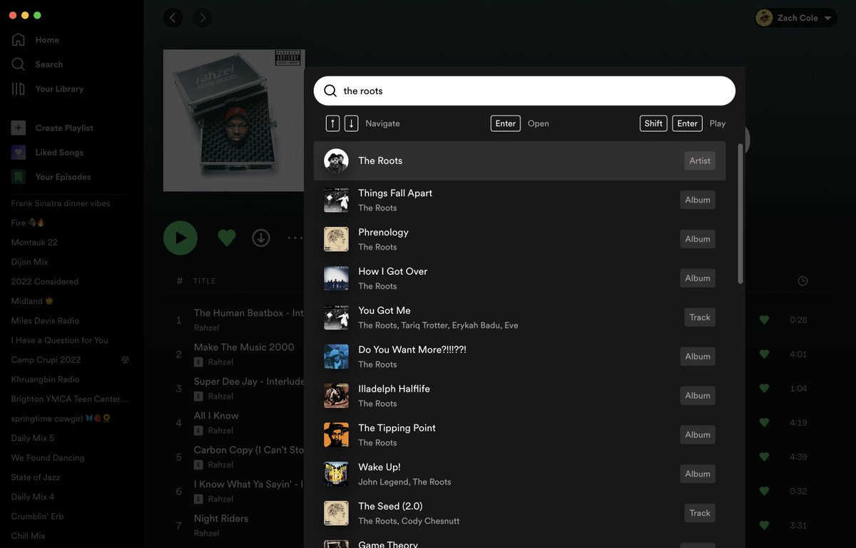 ZachACole's tweet image. Did you know you can ⌘+K in Spotify to search in a command-line interface like in Slack?