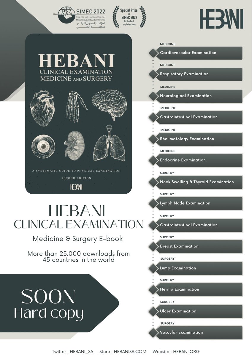 25,000 downloads in 45 countries around the world 🌍✨

 Hebani Clinical Examination

A book directed to students, doctors and trainees to help them understand the basics of clinical examination with colorful illustrations that were drawn exclusively for it.