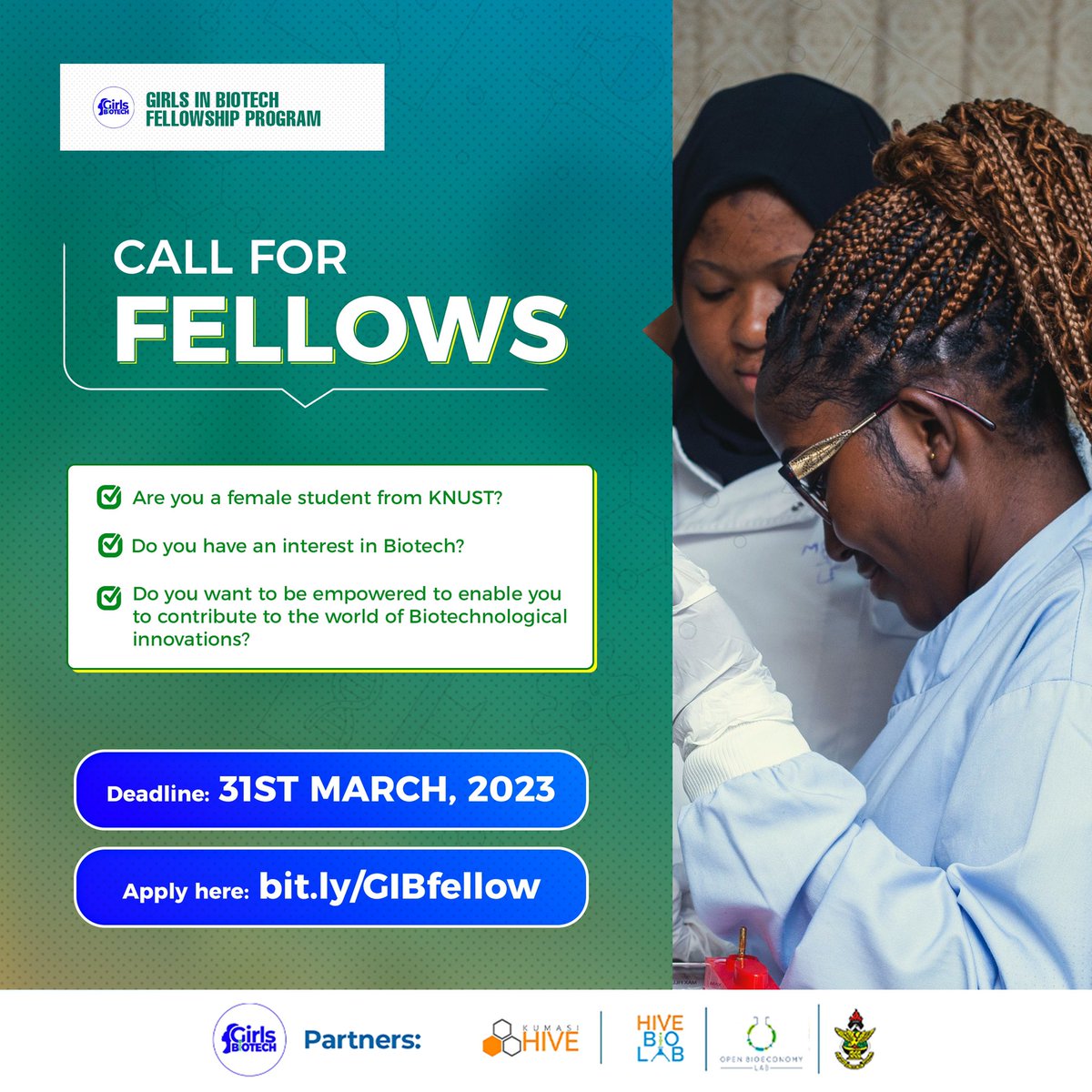 KumasiHive's tweet image. We are calling on all aspiring ladies interested in biotech  to join our upcoming Girls in Biotech Fellowship Program and unlock their full potential. 

Don't miss this opportunity.

Apply now: bit.ly/GIBfellow

#GIB #Mentorship #ApplicationOpen #GirlsInTech #STEM #biotech