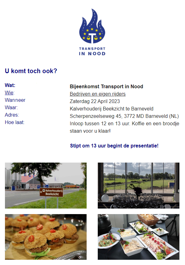 Bijeenkomst Transport in Nood op 22-04-2023

Na een lange coronaperiode vinden wij het hoog tijd voor een nieuwe bijeenkomst. Lees meer via de link en bedrijven kunnen zich daar inschrijven!

lnkd.in/ej7XmjjX