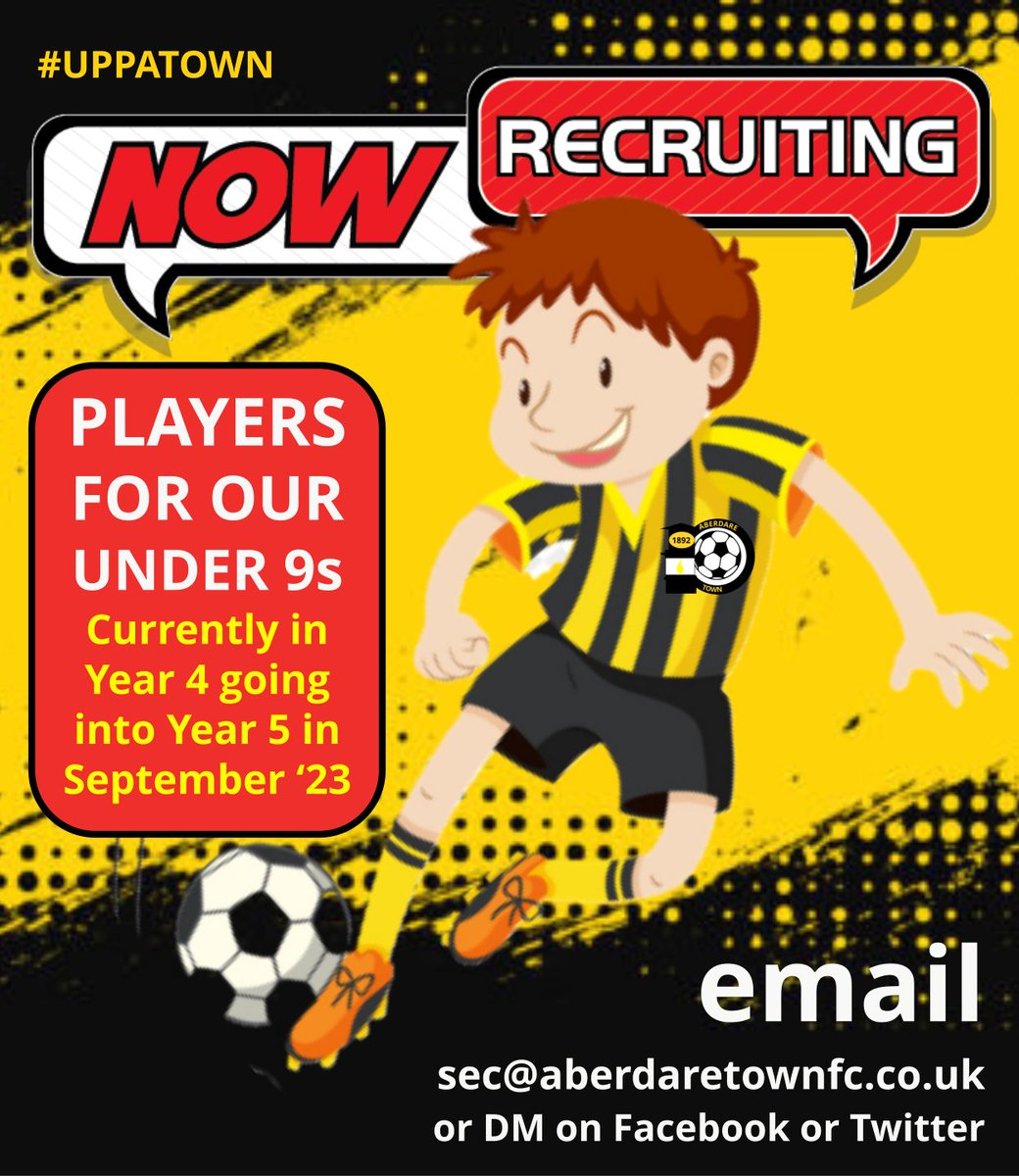 AberdareTown's tweet photo. Players Wanted - School Year 4

We have room for a number of new players in our current under 9 team, for Children currently in year 4 who will be going into year 5 in September 2023.

Get in touch ASAP! https://t.co/9U3BYuLaez