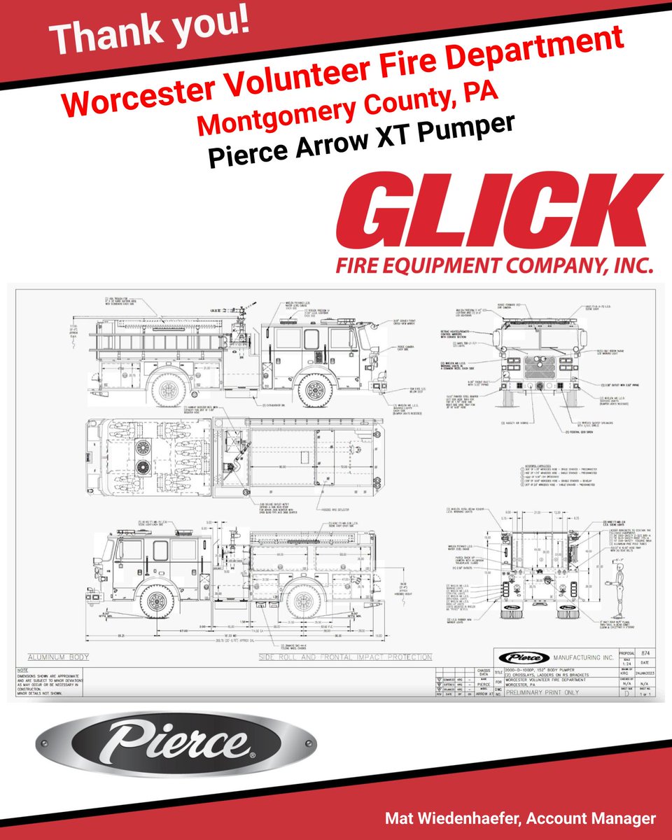 glickfire's tweet photo. Congratulations to @WorcesterFire on the purchase of a @PierceMfg Arrow XT Pumper! Engine 83 will feature: 67” Enforcer cab, 2000 GPM Waterous pump, 1,000-gallons of water. #glickfire #glickdeliveries #piercearrowxt #arrowxt #pafireapparatus #firstresponders #montgomerycountypa https://t.co/bd6lGOgHCZ