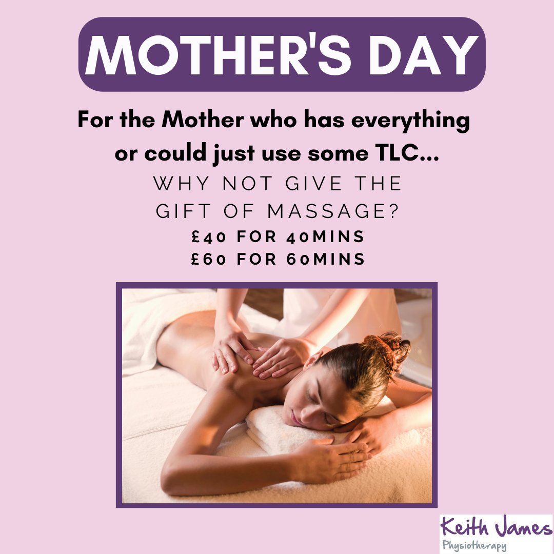 KJ_Physio's tweet photo. For the Mother who has everything or could just use some TLC... Why not give the gift of massage?
£40 for 40mins
£60 for 60mins
Gift vouchers available to purchase in clinic.
Call (0117) 330 6820 or book online at
https://t.co/awy4KKN2pr https://t.co/P8TdM7SjRB