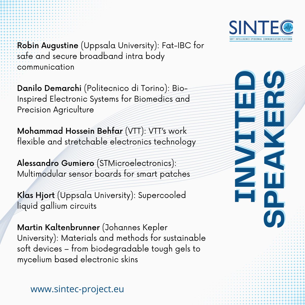 persimmoneu's tweet photo. π Get ready for the #SINTEC Project Final Workshop on "Smart Bioelectronic and Wearable Systems" happening in Uppsala from 26-28 April 2023.
π Join us to discover cutting-edge advancements in wearable technology! Discover the invited speakers below π
#SmartBioelectronics https://t.co/8Bc5f01CQm