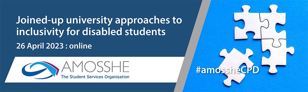 Join us for this #amossheCPD taking place online on 26 April to explore how to join the dots between professional services, academic colleagues and other stakeholders to create more inclusive learning environments for disabled students. Book here: amosshe.org.uk/event-4977169