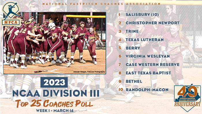 NFCAorg's tweet photo. 🥎 Unbeaten @SalisburySB new No. 1⃣ in D3 Top 2⃣5⃣ Coaches Poll!
🔗 https://t.co/bs9S4K8iug https://t.co/kYoSGWM8JO