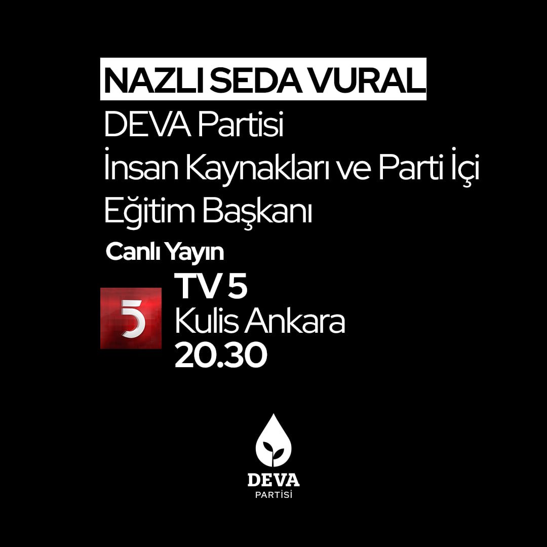 deva_bodrum's tweet photo. 💧🌱DEVA Partisi İnsan Kaynakları ve Parti İçi Eğitim Başkanı @nazlisedavural 14 Mart Salı,
🗓 BUGÜN
🕰 20.30'da
📺 @tv5televizyonu'nda @muhammedvefa ile "Kulis Ankara" programında gündemi değerlendirecek. #devapartisi #Alibabacan #deva_bodrum #mehmetbillorer https://t.co/tF5u50b2xh