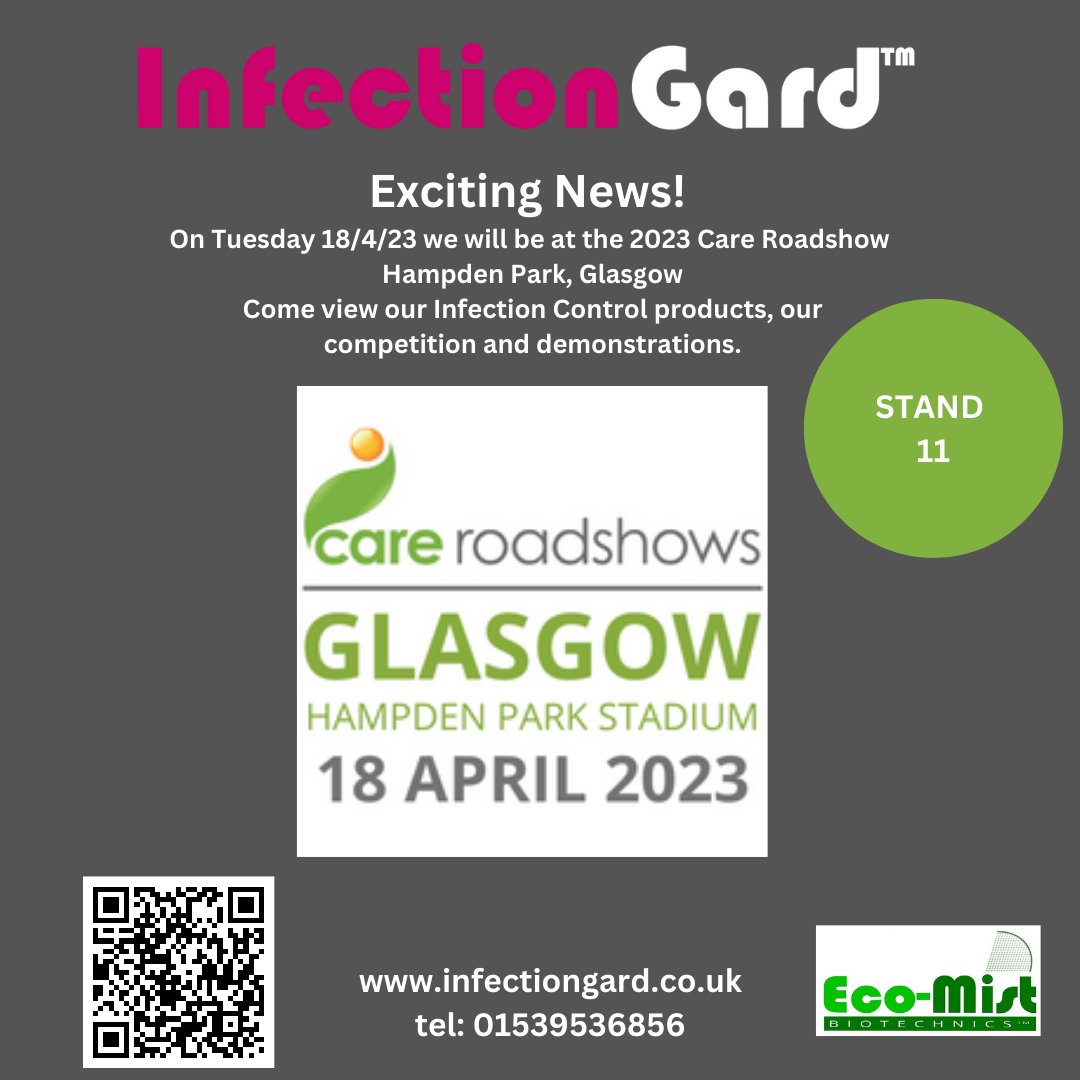 Exciting News!!
We will be at the @careroadshows Hampden Park, Glasgow on 18/4/23, come visit us on stand 11.  View our products, chat to the team, take part in our demos and our competition.
#care #healthcare #innovations #health #CleanAir #networking #Glasgow #hampden