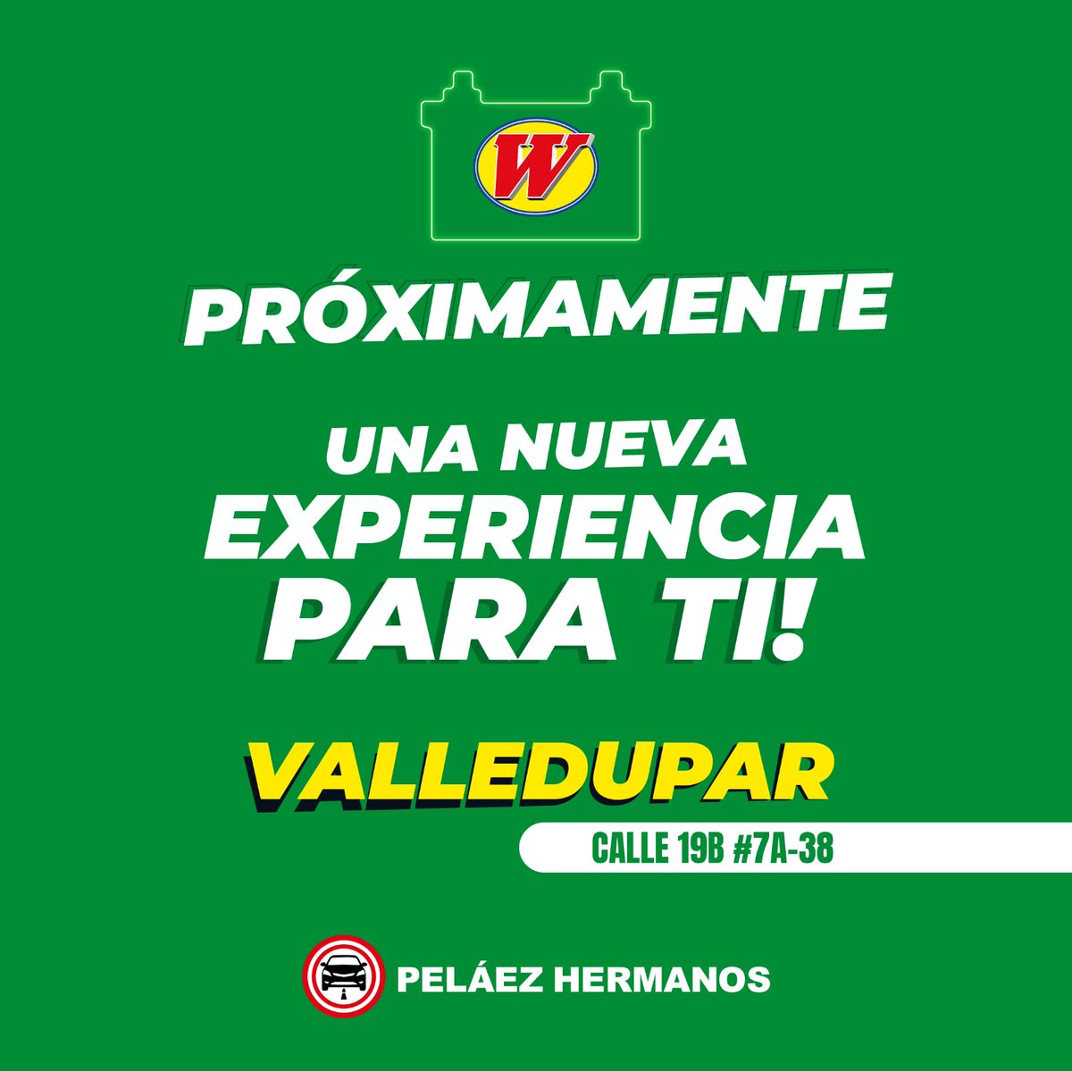 PelaezHermanosS's tweet photo. 📢 ¡Valledupar!Nos estamos preparando para darte un buen arranque, con una nueva experiencia para ti cargada de #BuenaEnergia ⚡ 
Te esperamos en la 📍Calle 19B #7ª-38
#NadaNosDetiene para brindarte el mejor servicio. #PelaezHermanos #agencias #BateriaParaCarro #BateríasWillard https://t.co/zz6IZKxZMY