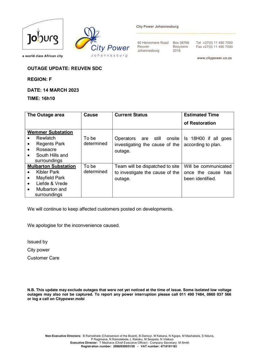 CityPowerJhb's tweet photo. Region F #ReuvenUpdate #JoburgUpdates
Investigations are still underway at Wemmer Substation.
#MulbartonSub: Team will be dispatched to investigate. ^ NT https://t.co/HeeBjiN49R