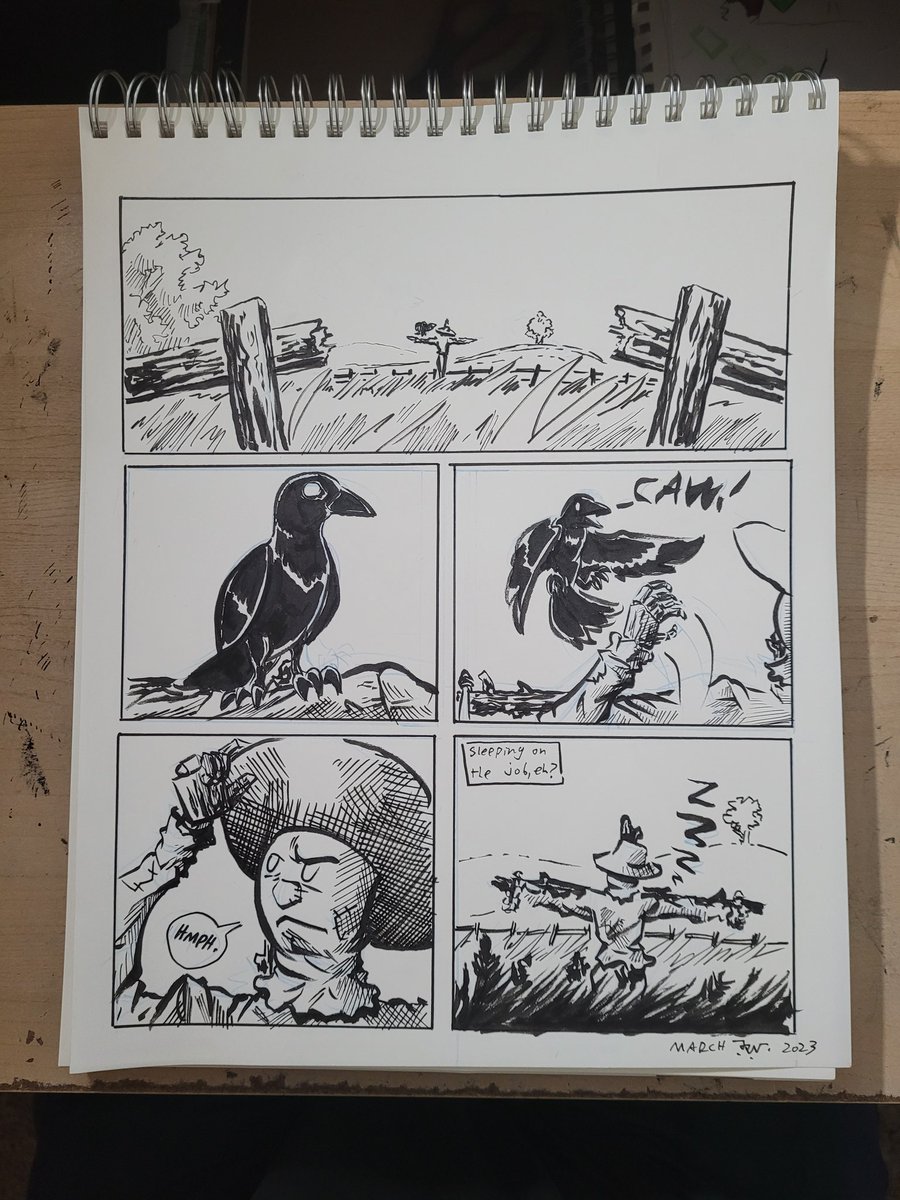 Adobe_Coyote's tweet photo. A one page short about a lazy scarecrow.
#art #ComicArt #comics #brush #crosshatch #inkart https://t.co/dcNZIF2jTG