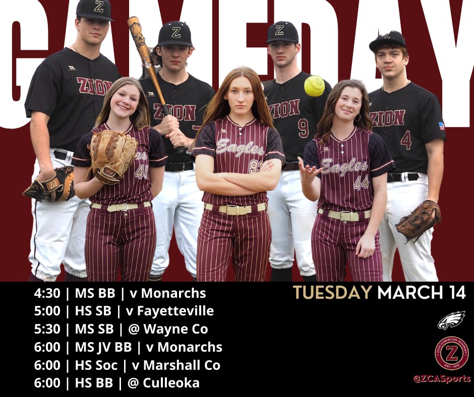 It's GAMEDAY y'all!! Opening Day for HS Baseball and Softball! Baseball opens at Culleoka and Softball opens at home v Fayetteville!
<a href="/ZCASoftball/">ZCA Softball</a>
<a href="/ZCABaseball/">ZCA Baseball</a>
<a href="/Kbratton11/">Kelly Bratton</a>
<a href="/fastpitchdad93/">Eric Coble</a>
<a href="/TJ_Derrick1/">T.J. Derrick</a>
<a href="/taylorfreels4/">Taylor Freels</a>
<a href="/CampbellBybee/">Coach Bybee</a>
<a href="/mopatton_sports/">Maurice Patton</a>
<a href="/MainStreetPreps/">Main Street Preps</a>
<a href="/Kreager/">𝑇𝑜𝑚 𝐾𝑟𝑒𝑎𝑔𝑒𝑟</a>