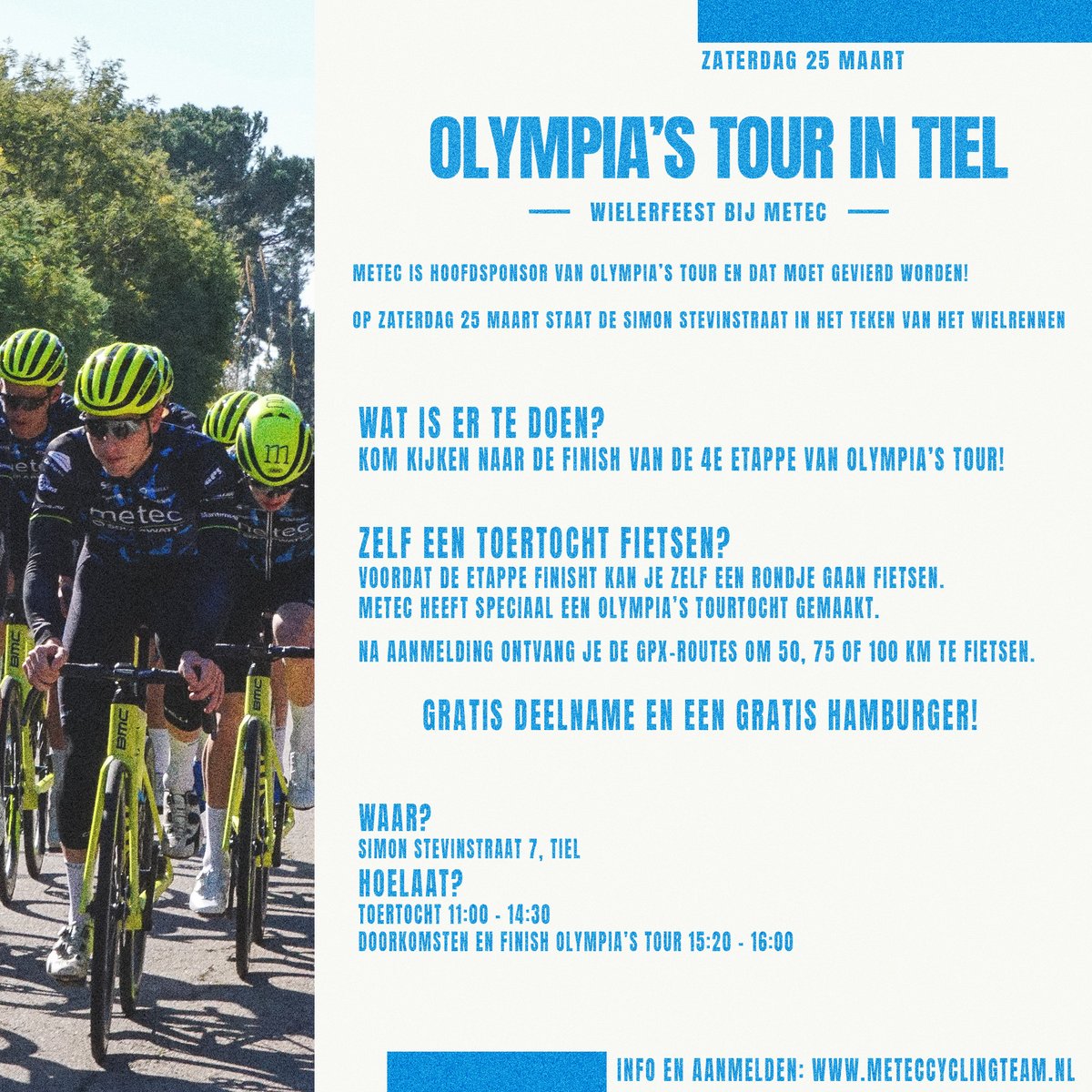 Volgende week is Olympia's Tour in Tiel! En jij kan meefietsen! 

(Of gewoon gezellig komen kijken!)

AANMELDEN | meteccyclingteam.nl/nieuws/ot/