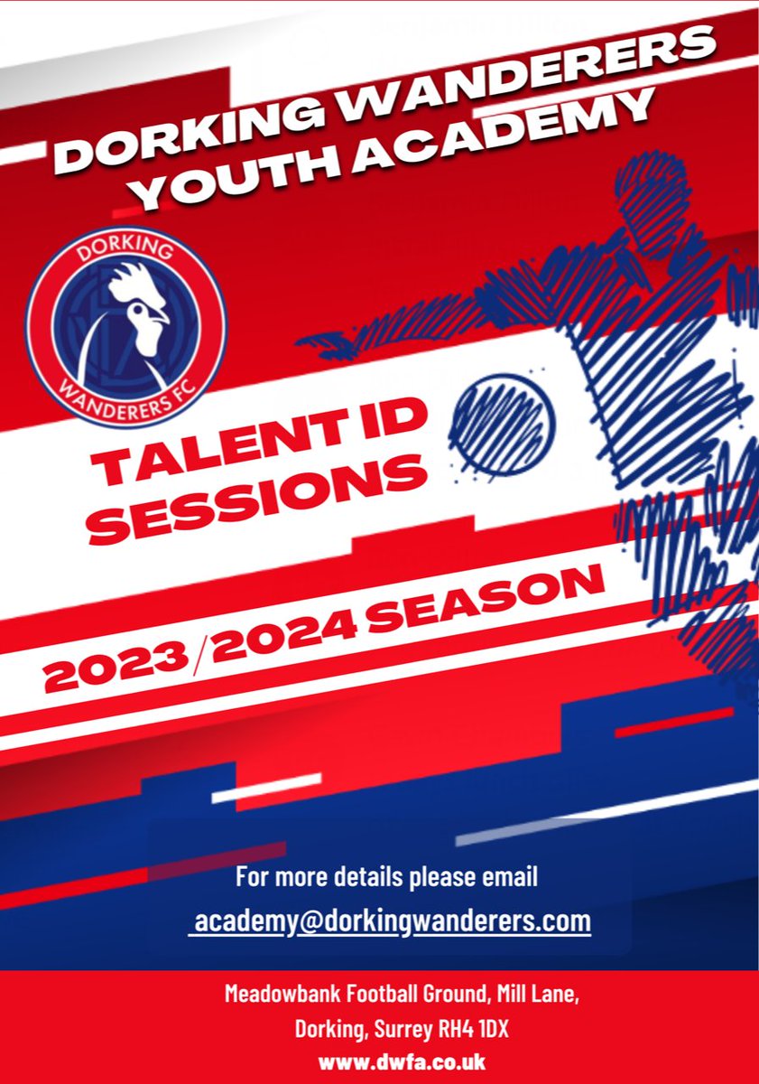 DWFCAcademy's tweet photo. DWFA | YOUTH TALENT ID DAY 🔴⚪

Next month we are hosting a Youth Talent ID Day for season 23/34...

📅 April 12th 2023
⌚ 17:30 - 18:30
🏟️ Meadowbank, Mill Lane, RH4 1DX
🏃 Open to all ages from U7 to U16

Book your place now 👇
https://t.co/XCtdicQ5tu

#WeAreWanderers 🔴⚪ https://t.co/lyyDbZXgwO