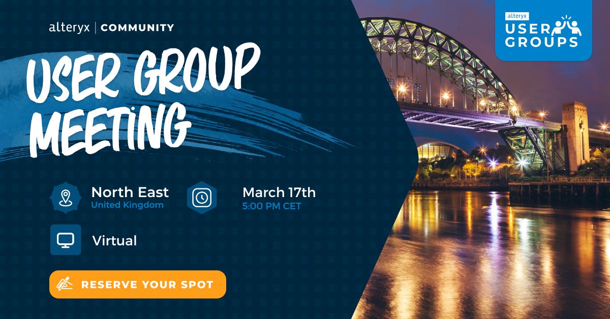 dslamba's tweet image. The North East, UK #AlteryxUserGroup will meet on March 17th! This is such a great opportunity for Alteryx Community users to connect, share best practices and improve skill sets! Book your spot now: ow.ly/UUA4104xuQS