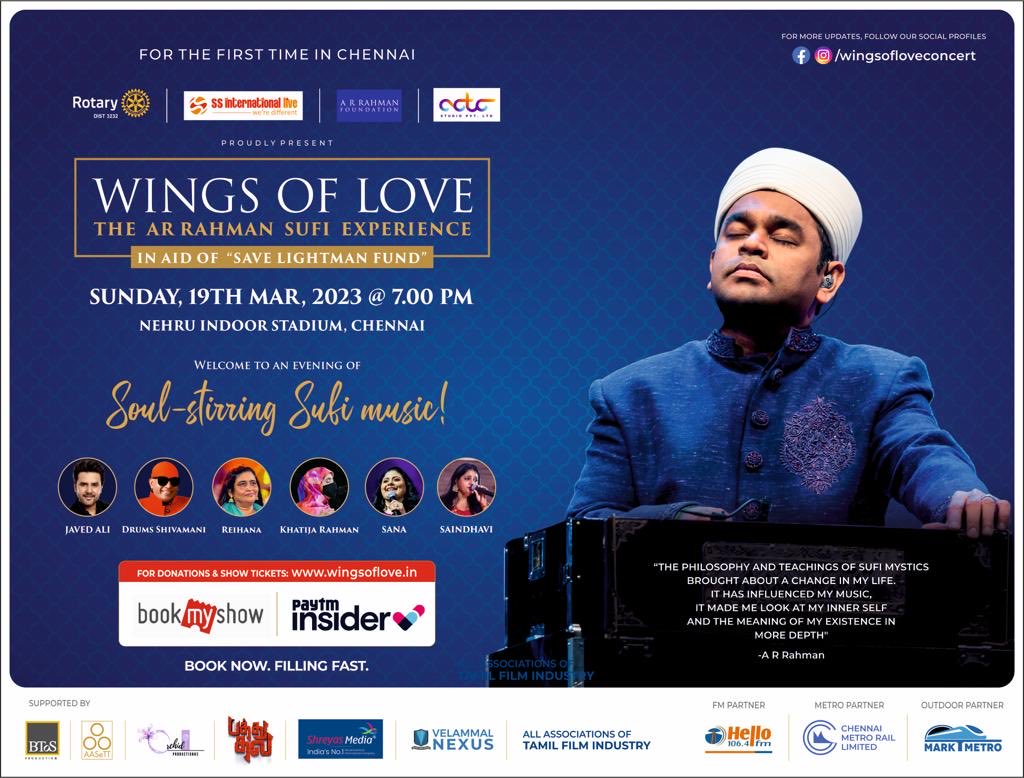 Rajasekar on Twitter: "For The first time in Chennai "WINGS OF LOVE - The @ arrahman - SUFI MUSIC CONCERT . Date : 19th March 2023 Location : Nehru  indoor stadium , Chennai.