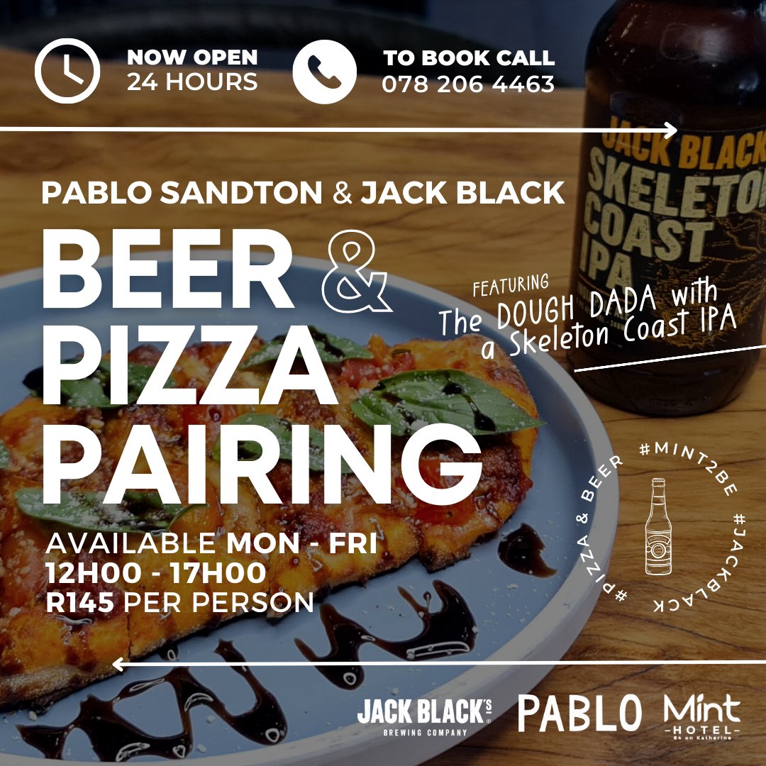 Stay_MINTHotels's tweet photo. Tuck into our NEW pizza &amp; beer paired lunch time offer, brought to you by Pablo Sandton &amp; Jack Black Beer.

Served Monday - Friday | From 12H00 - 17H00

Walk-ins are welcome!

Book now: 078 206 4463.

Alcohol is not for sale to persons under the age of 18. https://t.co/9V7p6Rafda