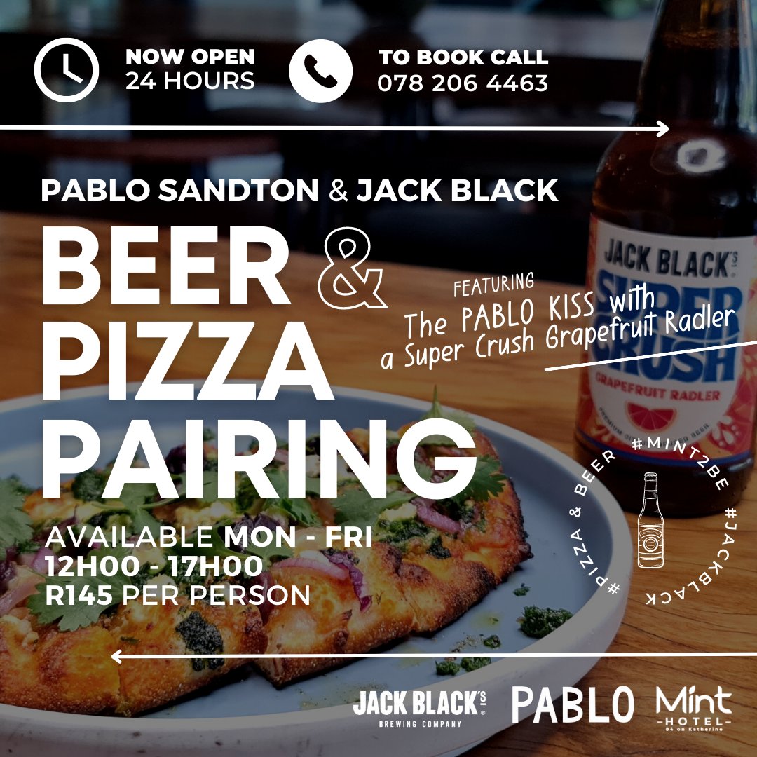 Stay_MINTHotels's tweet photo. Tuck into our NEW pizza &amp; beer paired lunch time offer, brought to you by Pablo Sandton &amp; Jack Black Beer.

Served Monday - Friday | From 12H00 - 17H00

Walk-ins are welcome!

Book now: 078 206 4463.

Alcohol is not for sale to persons under the age of 18. https://t.co/9V7p6Rafda