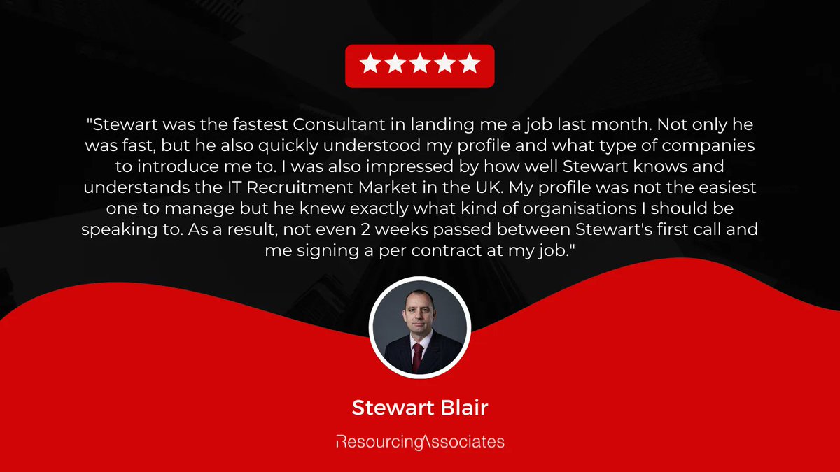 ResourcesAssoc's tweet image. We are delighted to receive such positive feedback from our client about the exceptional service provided by our Managing Director, Stewart.

Contact us today at:
UK: 0203 983 9300
US: +1 (646) 993 7350

#Testimonial #PositiveFeedback #Recruitment #RecruitmentTestimonial