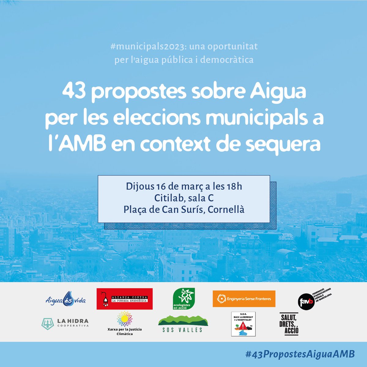 APE_Cat's tweet photo. 💧 Quin és el paper dels municipis en la gestió de l’#aigua? Volem democratitzar l’aigua des de l’àmbit local!

👉 Dijous presentem les #43PropostesAiguaAMB de cara a les #municipals2023

📅 Dijous 16/03, 18h
📍 Citilab, Sala C #Cornellà
📝 Inscriu-te: https://t.co/2yt9HSdSzj https://t.co/HScXdoZry4