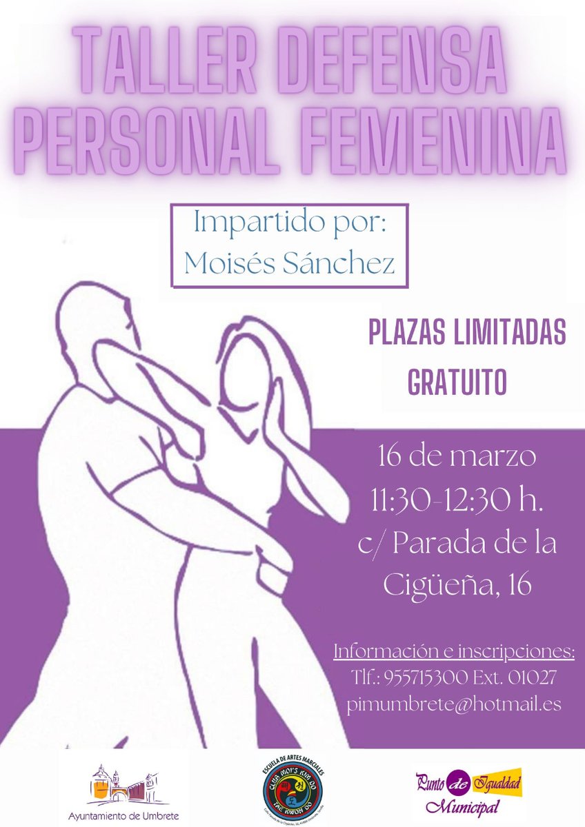 🟣♀️ PIM Umbrete y la Delegación de Deportes organizan un Taller gratuito de Defensa Personal dirigido a mujeres impartido por Moisés Sánchez, director de la Escuela de Taekwondo Moi's Kim Do

ℹ️ Información e inscripciones: Punto de Igualdad Municipal del Ayuntamiento de Umbrete