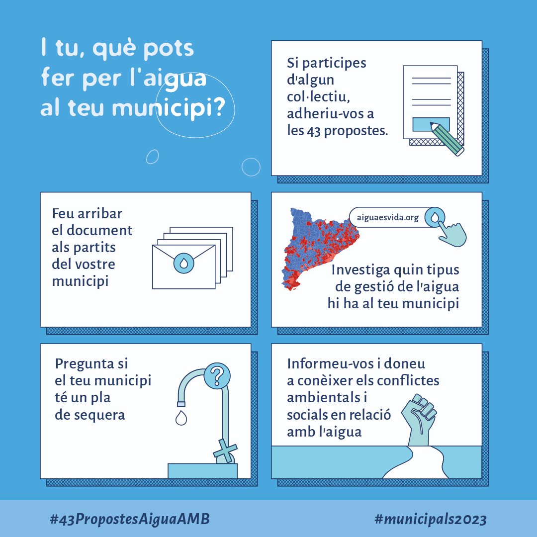 APE_Cat's tweet photo. 💧 Quin és el paper dels municipis en la gestió de l’#aigua? Volem democratitzar l’aigua des de l’àmbit local!

👉 Dijous presentem les #43PropostesAiguaAMB de cara a les #municipals2023

📅 Dijous 16/03, 18h
📍 Citilab, Sala C #Cornellà
📝 Inscriu-te: https://t.co/2yt9HSdSzj https://t.co/HScXdoZry4