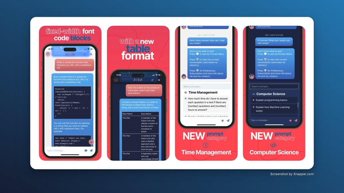 BuildWithTom's tweet photo. Aiva v1.0.8 is now live on the app store!
- Aiva leveled up her superpowers as she is now using ChatGPT's LLM
- She can now respond with tables, code blocks and more making her great for research and programming

Try it now! https://t.co/R4mE2W28I8

#buildinpublic @AivaSays https://t.co/TV3tjRH15H