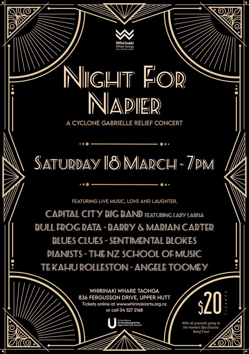 HuttHub's tweet image. Hutt Valley, this is your chance to support those affected by Cyclone Gabrielle. Night for Napier features 30+ performers volunteering their time &amp;amp; talent. Opening the evening is The Capital City Big Band featuring vocalist Lady Larisa (she opened for Michael Bublé). #upperhutt