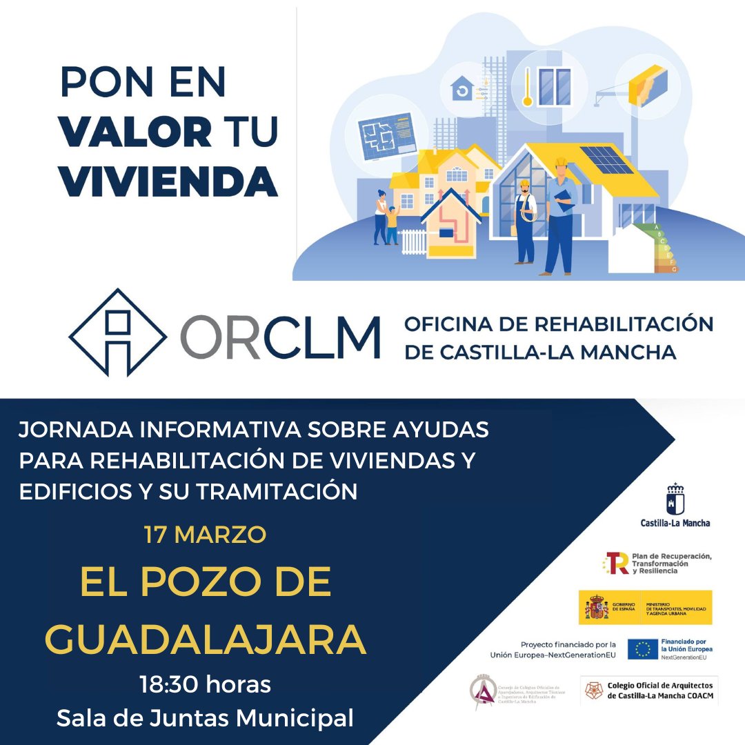 ¿Quieres saber todo sobre las ayudas para la rehabilitación de viviendas y edificios? ¡No te pierdas nuestra sesión informativa este 17 de Marzo en El Pozo de Guadalajara a las 18:30 horas! Entrada libre. 
#ayudasderehabilitación #nextGeneration #ElPozodeGuadalajara