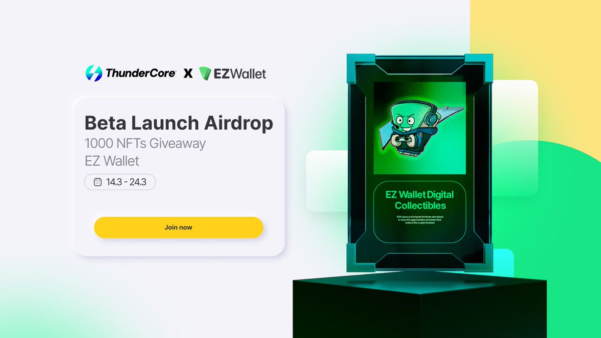 Claim 1000 exclusive #NFTs drop from EZ Wallet!

Get early access to the EZ Wallet Beta App! 

Launching soon and would love your feedback. 
To join:
📍 Apply: bit.ly/ez-wallet-aird…
📅 March 14-24, 2023

The collaboration between <a href="/ThunderCoreLab/">ThunderCore Official ⚡️</a> &amp; <a href="/EZWalletHQ/">EZ Wallet | On Google Play Store NOW ! 📲</a> 

#Web3 #Airdrops
