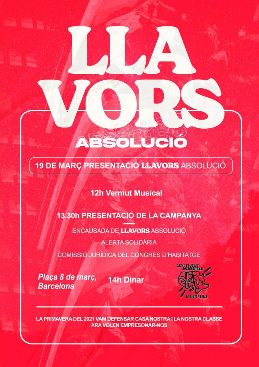 SHVernedaBesos's tweet photo. 🔴 LLAVORS ABSOLUCIÓ

Aquest diumenge es presenta la campanya d'absolució als represaliats pel desnonament del Bloc Llavors

La primavera del 2021 vam defensar la nostra classe, ara volen empresonar-nos. Serà imprescindible el suport i la solidaritat per no permetre-ho https://t.co/7Mg3N3HlNv