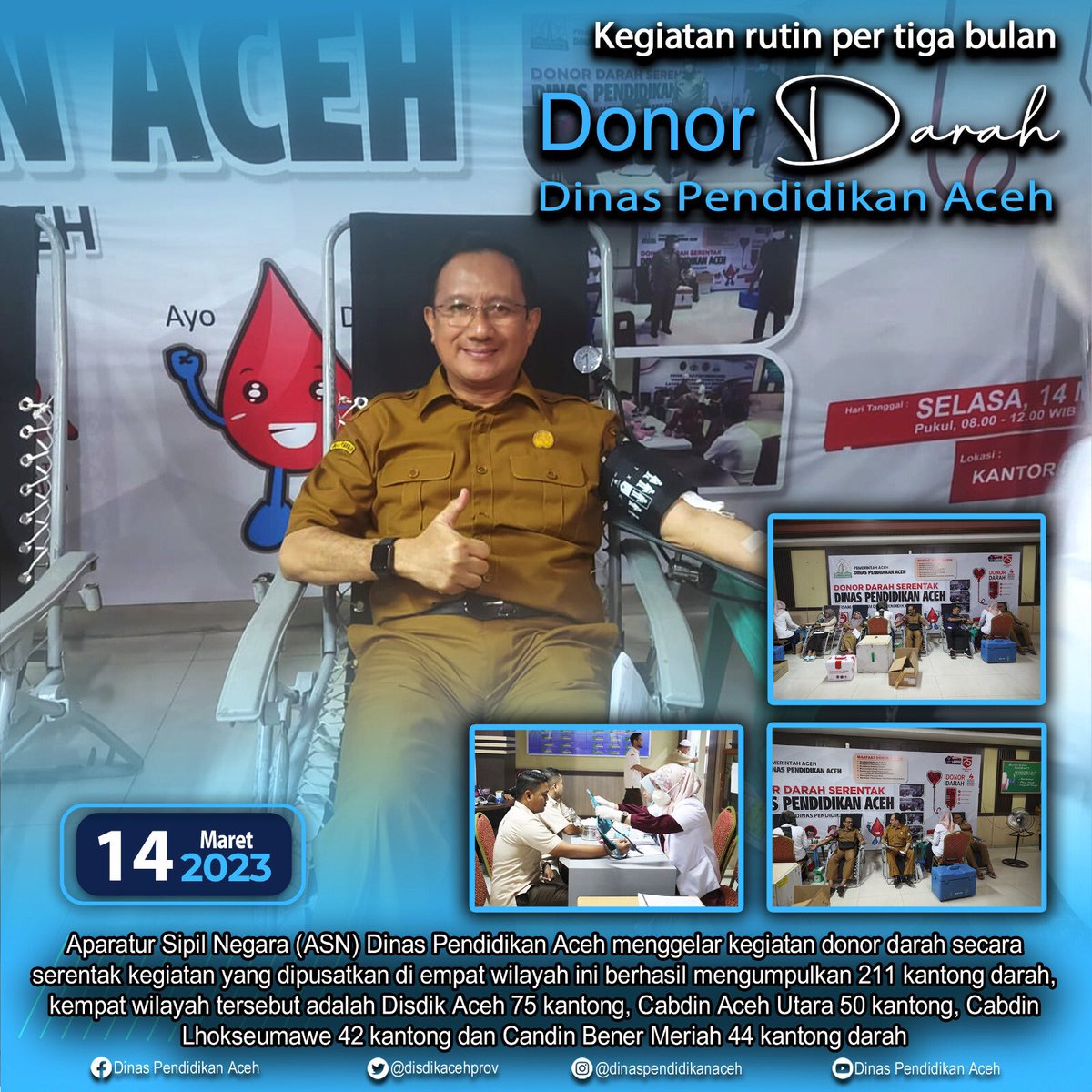disdikacehprov's tweet photo. Donor darah rutin Dinas Pendidikan Aceh berhasil mengumpulkan 211 kantong darah.
#pemerintahaceh
#humasaceh
#disdikaceh
#cabangdinaspendidikan
#pmi
#donordarah https://t.co/7usEUjOwTC