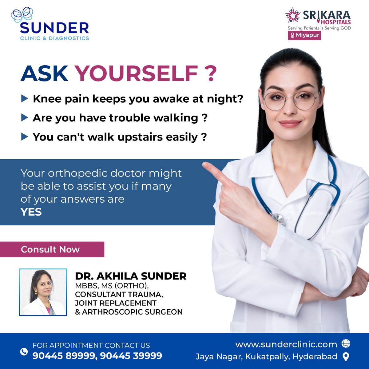 ClinicSunder's tweet photo. A common complaint these days is knee pain, caused by ageing, arthritis, and other joint problems.
Every individual should have their knee joints examined.
Consult our joint care expert
For appointments call us at
 90445 89999 / 90445 39999
#kneepain #askyourself #Hyderabad https://t.co/m7X0H6L6CA